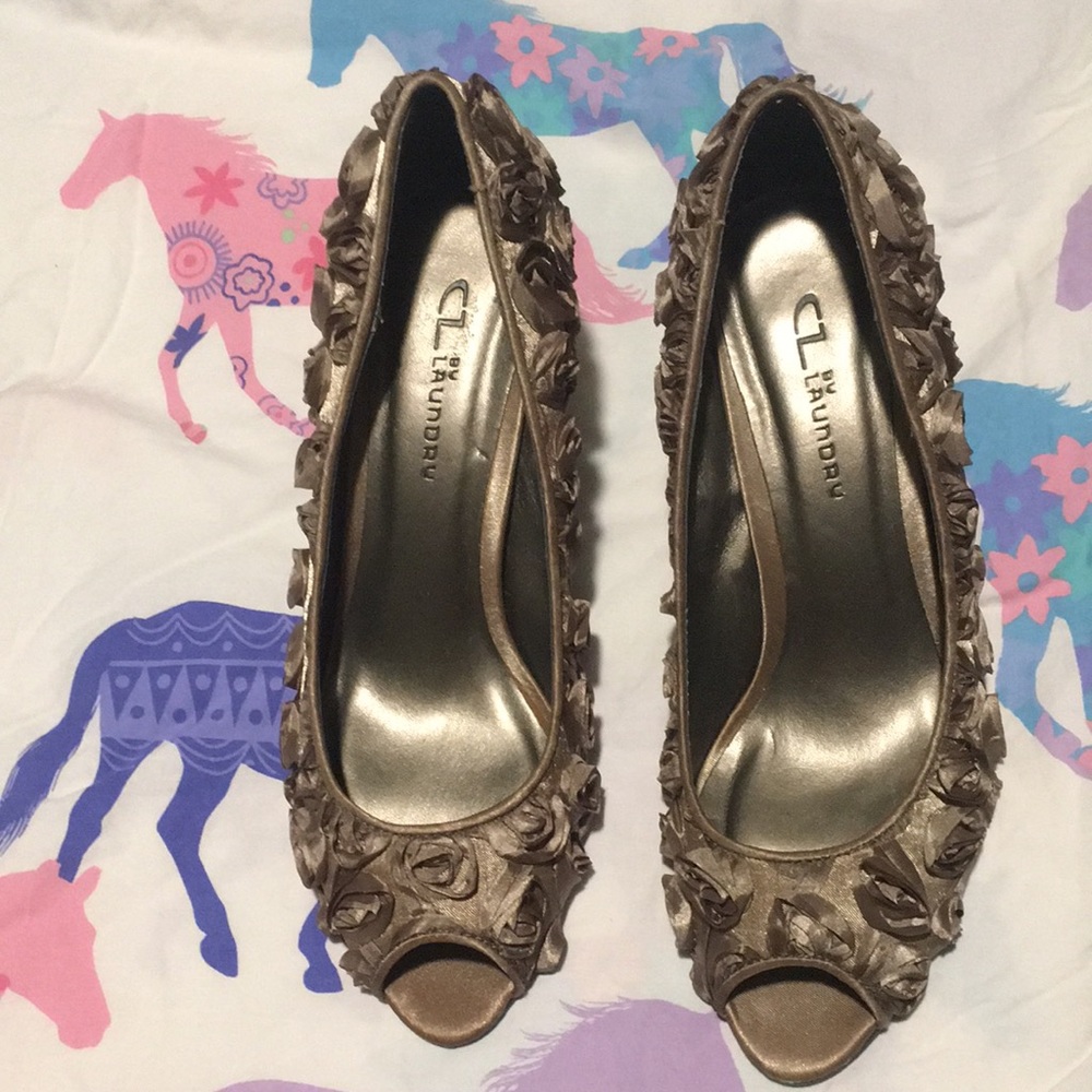 Chinese Laundry peep toe satin rose shoe.